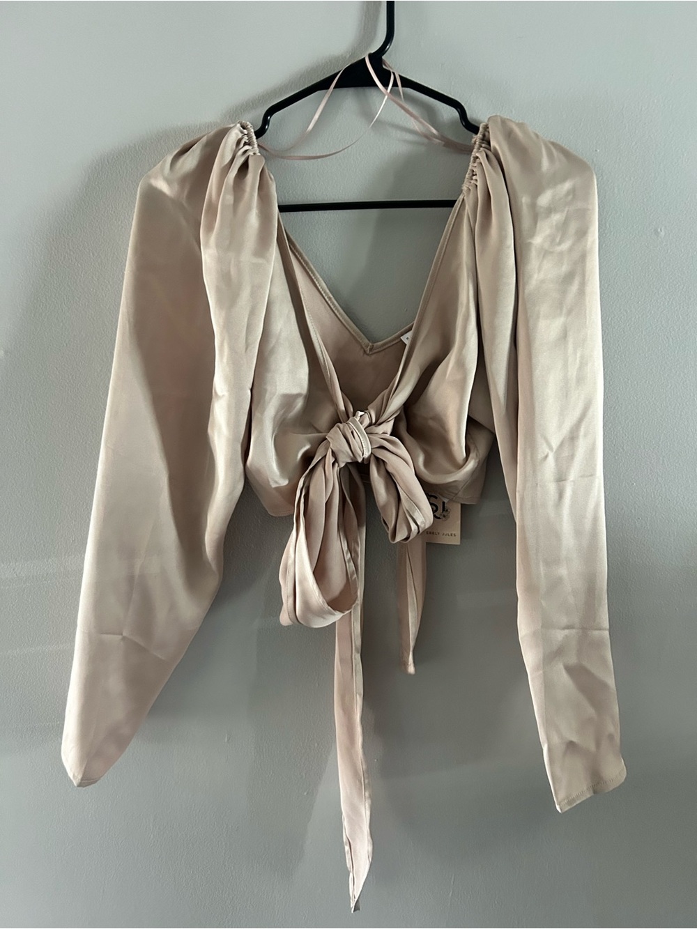 Sincerely Jules Cream Tie-Front Balloon Sleeve Crop Top